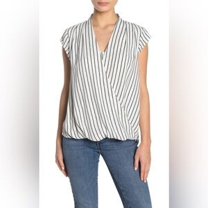 HALOGEN Surplice Cap Sleeve Blouse V-Neck In Ivory‎ Black Rope Size Large